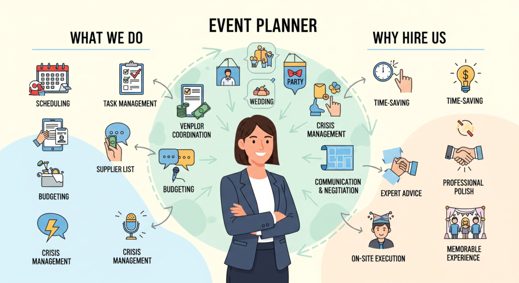 What Does an Event Planner Do and Why Do People Hire One? (Complete 2026 Guide) 2 What Does an Event Planner Do and Why Do People Hire One? (Complete 2026 Guide)