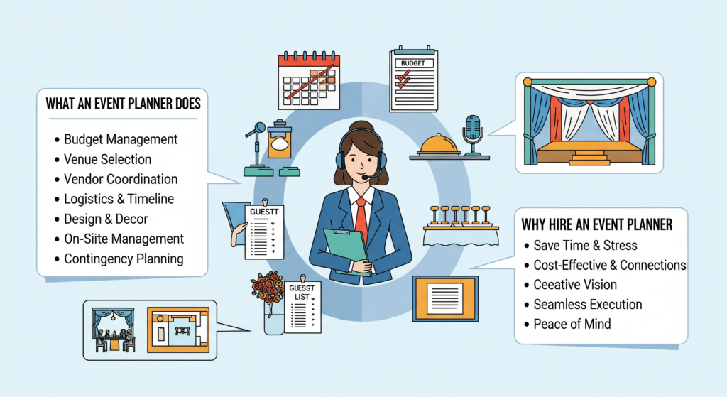 What Does an Event Planner Do and Why Do People Hire One? (Complete 2026 Guide) 3 What Does an Event Planner Do and Why Do People Hire One? (Complete 2026 Guide)