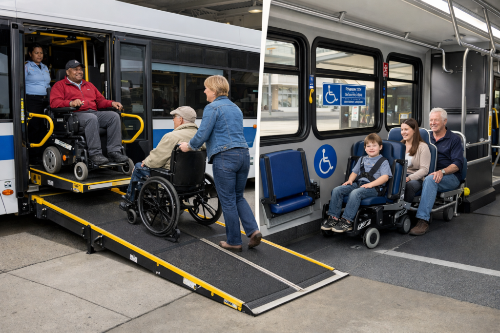 wheelchair lifts, ramps, and accessible seating, ensuring inclusivity for all passengers